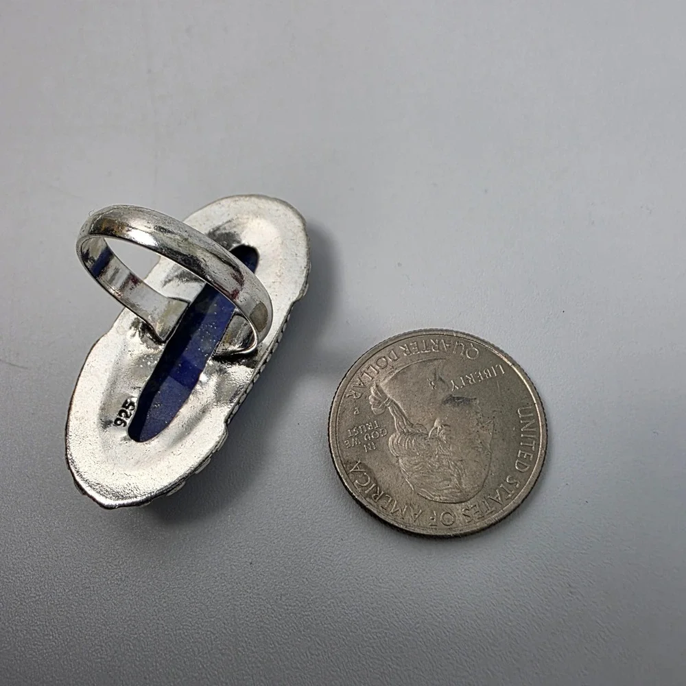 Tibetan Handmade Lapis Lazuli 925 Stamped Sterling Silver Plated Ring Size 8.75